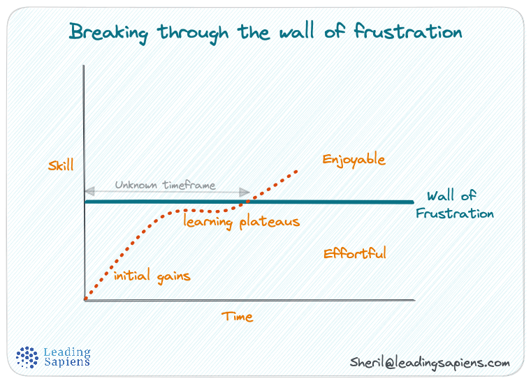 Graphic showing learning curve and how we quit before crossing the wall of frustration.