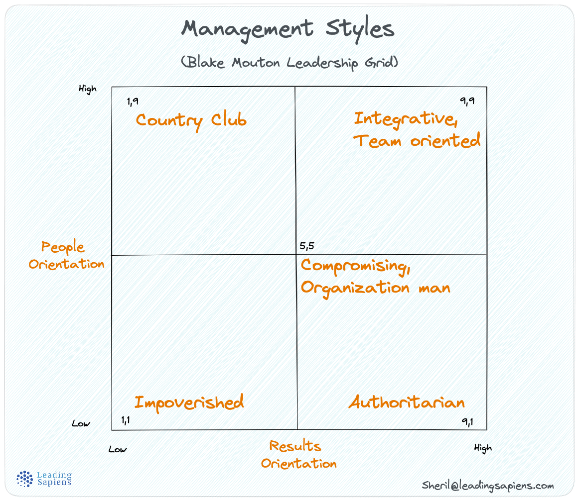 Blake Mouton Leadership Grid with the five leadership styles.